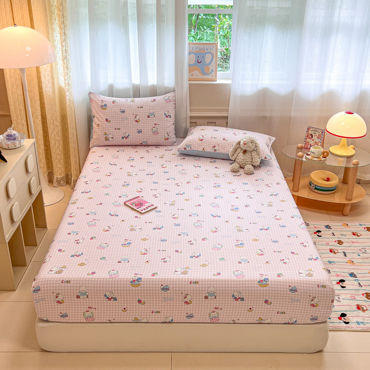 91家纺网 家纺一手货源 找家纺 呗旺鹿 2025新款40s全棉纯棉卡通印花学生系列单品床笠 床笠单件 忙绿的凯蒂