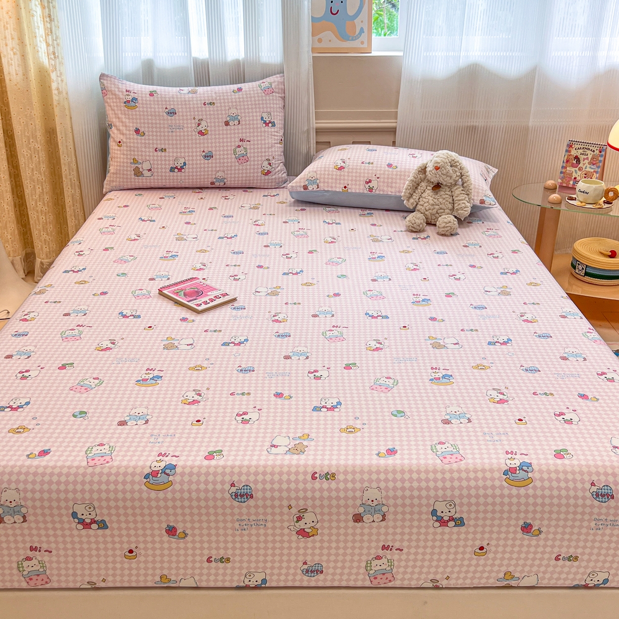 91家纺网 家纺一手货源 找家纺 呗旺鹿 2025新款40s全棉纯棉卡通印花学生系列单品床笠 床笠单件 忙绿的凯蒂