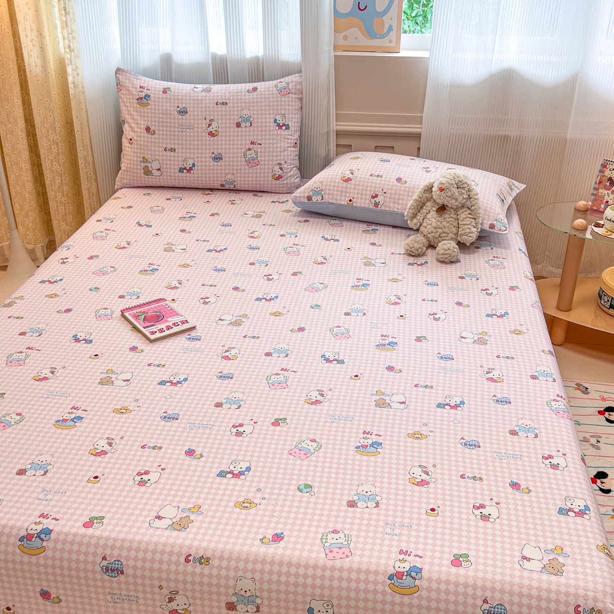 91家纺网 家纺一手货源 找家纺 呗旺鹿 2025新款40s全棉纯棉卡通印花学生系列单品床笠 床笠单件 忙绿的凯蒂