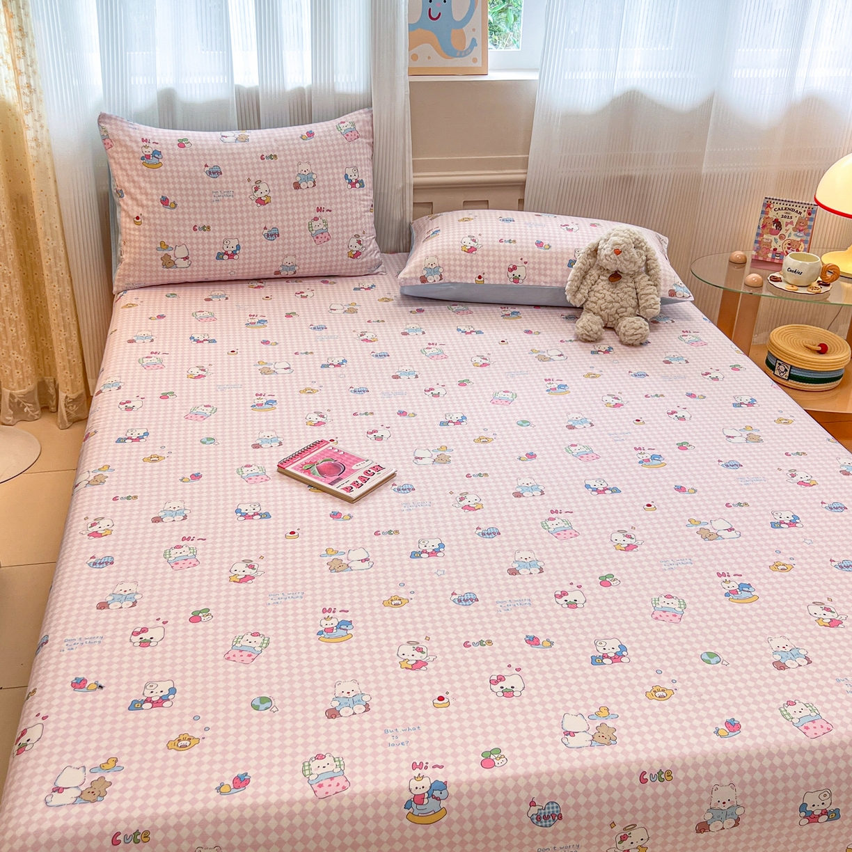 91家纺网 家纺一手货源 找家纺 呗旺鹿 2025新款40s全棉纯棉卡通印花学生系列单品床笠 床笠单件 忙绿的凯蒂