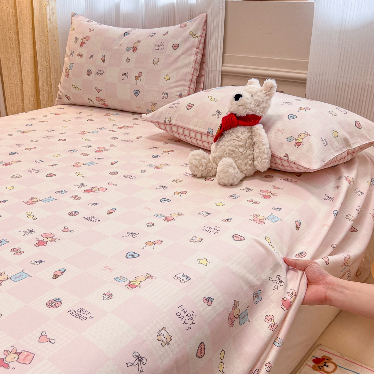 91家纺网 家纺一手货源 找家纺 呗旺鹿 2025新款40s全棉纯棉卡通印花学生系列单品床单 床单单件 兔子假期