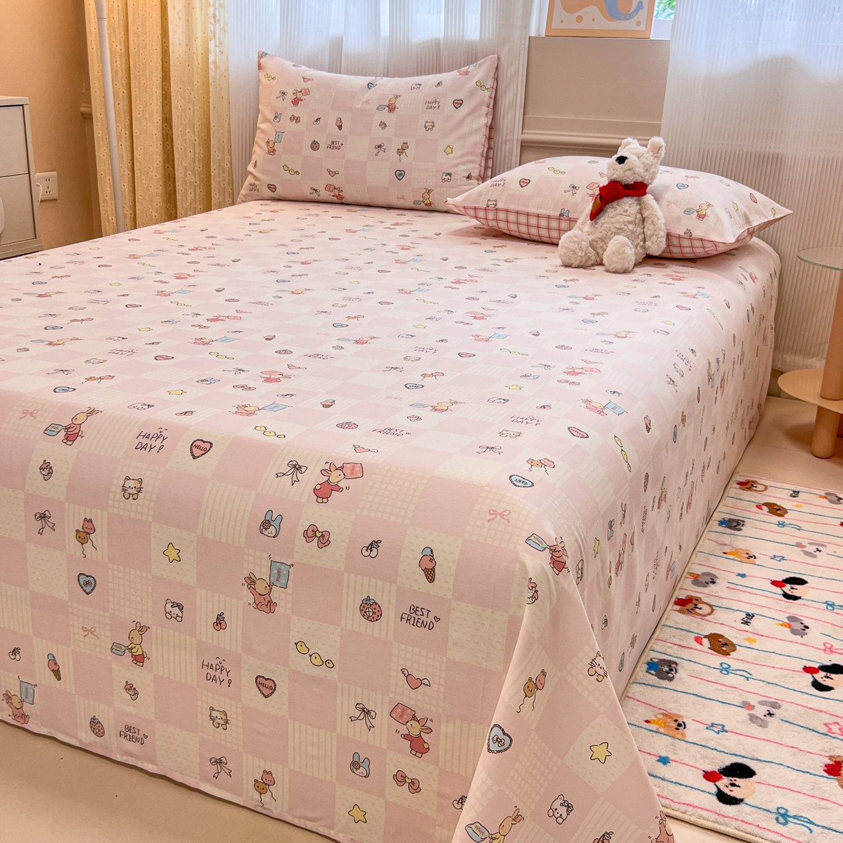 91家纺网 家纺一手货源 找家纺 呗旺鹿 2025新款40s全棉纯棉卡通印花学生系列单品床单 床单单件 兔子假期