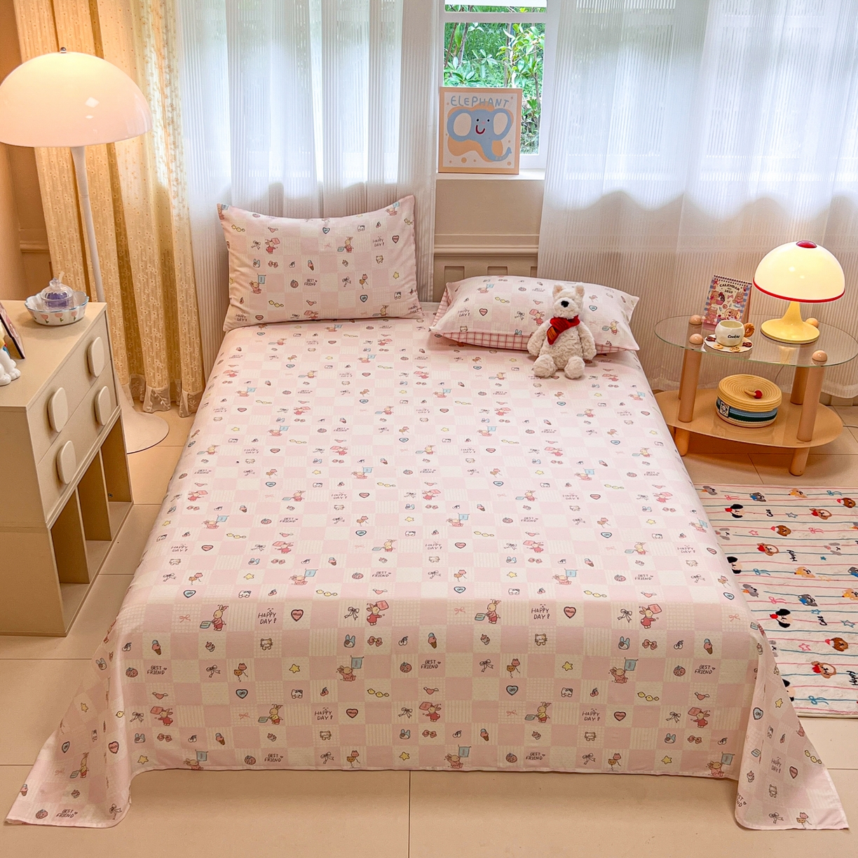 91家纺网 家纺一手货源 找家纺 呗旺鹿 2025新款40s全棉纯棉卡通印花学生系列单品床单 床单单件 兔子假期