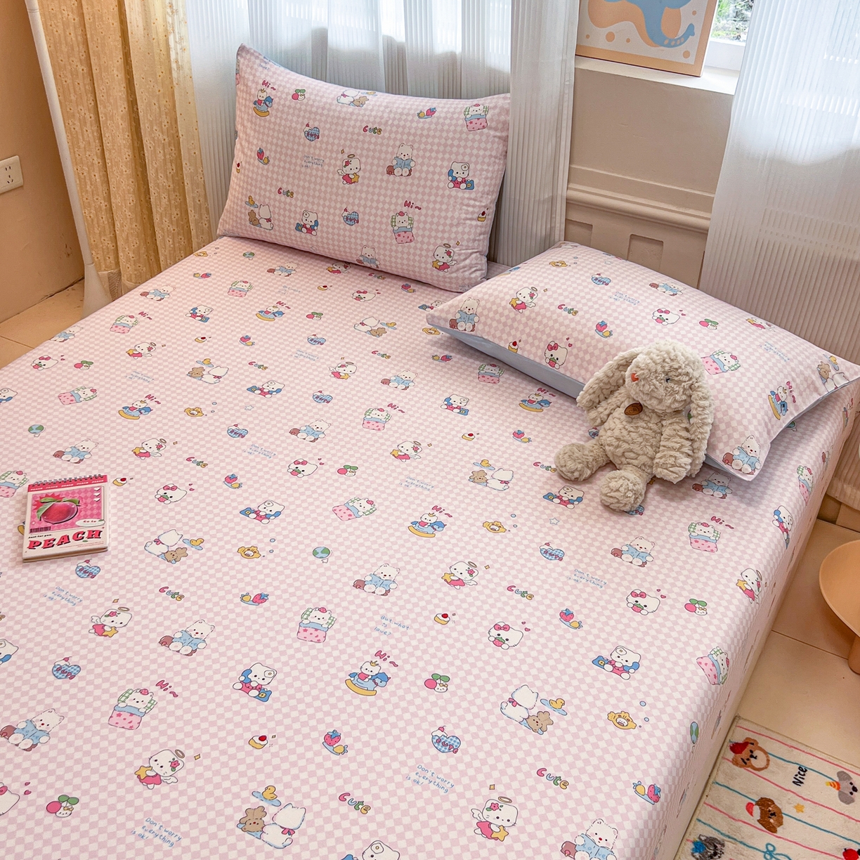 91家纺网 家纺一手货源 找家纺 呗旺鹿 2025新款40s全棉纯棉卡通印花学生系列单品床笠 床笠单件 忙绿的凯蒂