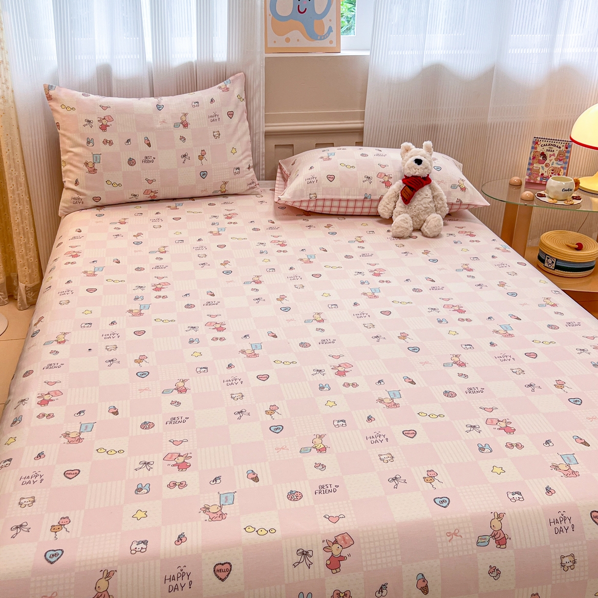 91家纺网 家纺一手货源 找家纺 呗旺鹿 2025新款40s全棉纯棉卡通印花学生系列单品床单 床单单件 兔子假期