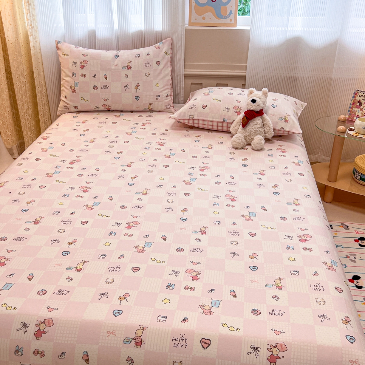 91家纺网 家纺一手货源 找家纺 呗旺鹿 2025新款40s全棉纯棉卡通印花学生系列单品床单 床单单件 兔子假期