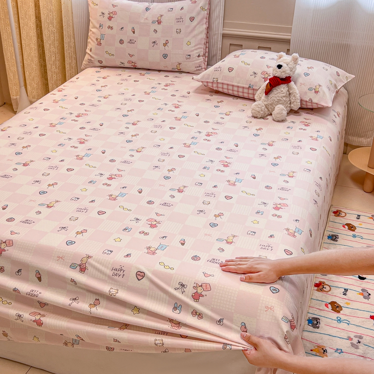 91家纺网 家纺一手货源 找家纺 呗旺鹿 2025新款40s全棉纯棉卡通印花学生系列单品床单 床单单件 兔子假期