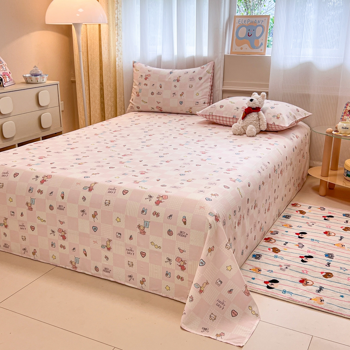 91家纺网 家纺一手货源 找家纺 呗旺鹿 2025新款40s全棉纯棉卡通印花学生系列单品床单 床单单件 兔子假期