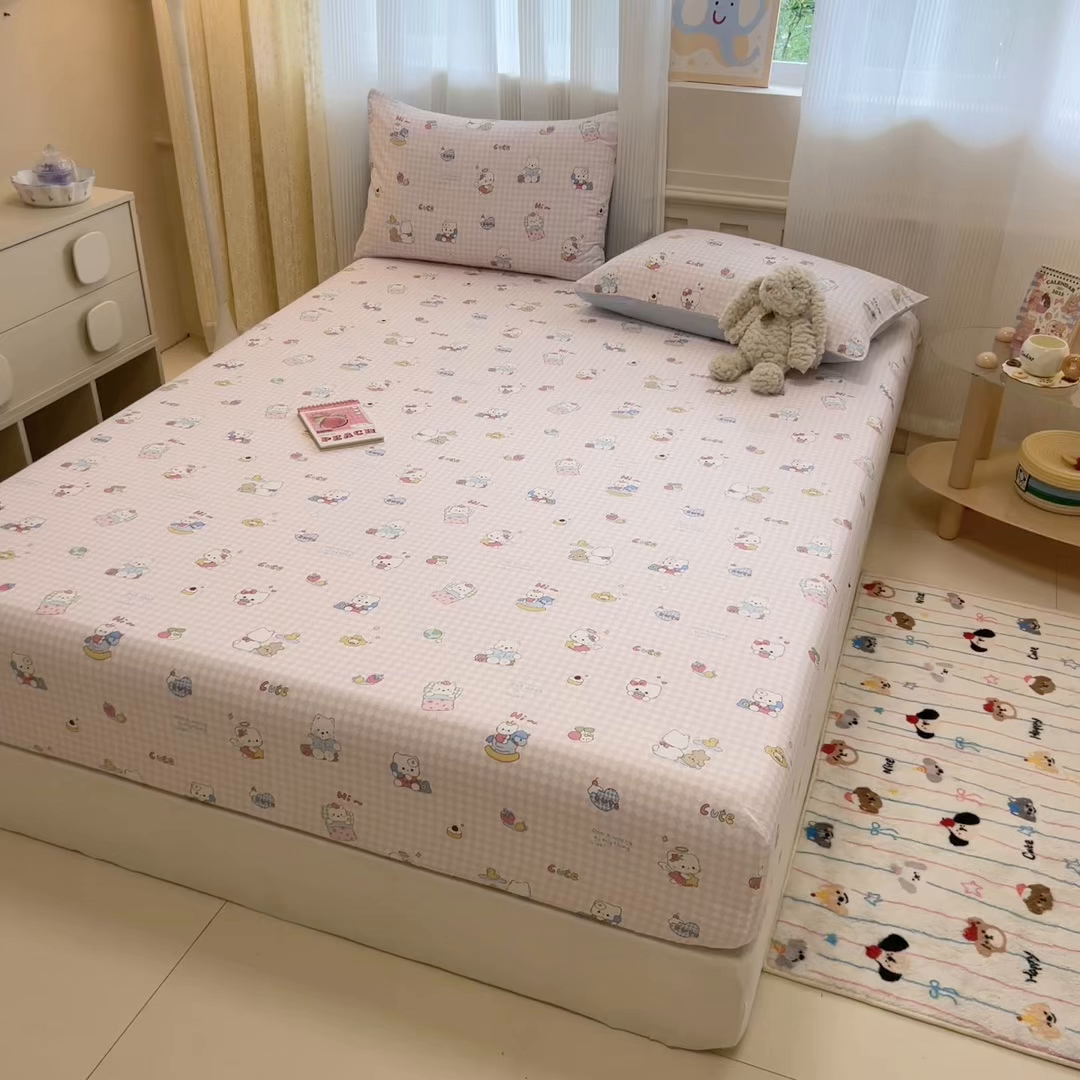 91家纺网 家纺一手货源 找家纺 呗旺鹿 2025新款40s全棉纯棉卡通印花学生系列单品床笠 床笠单件 忙绿的凯蒂
