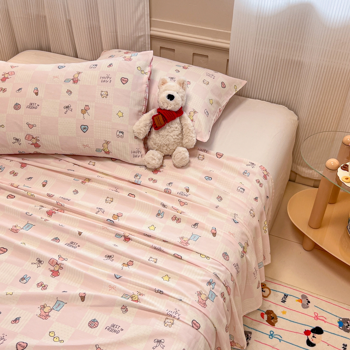 91家纺网 家纺一手货源 找家纺 呗旺鹿 2025新款40s全棉纯棉卡通印花学生系列单品床单 床单单件 兔子假期