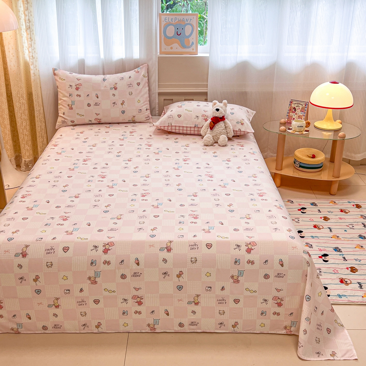 91家纺网 家纺一手货源 找家纺 呗旺鹿 2025新款40s全棉纯棉卡通印花学生系列单品床单 床单单件 兔子假期