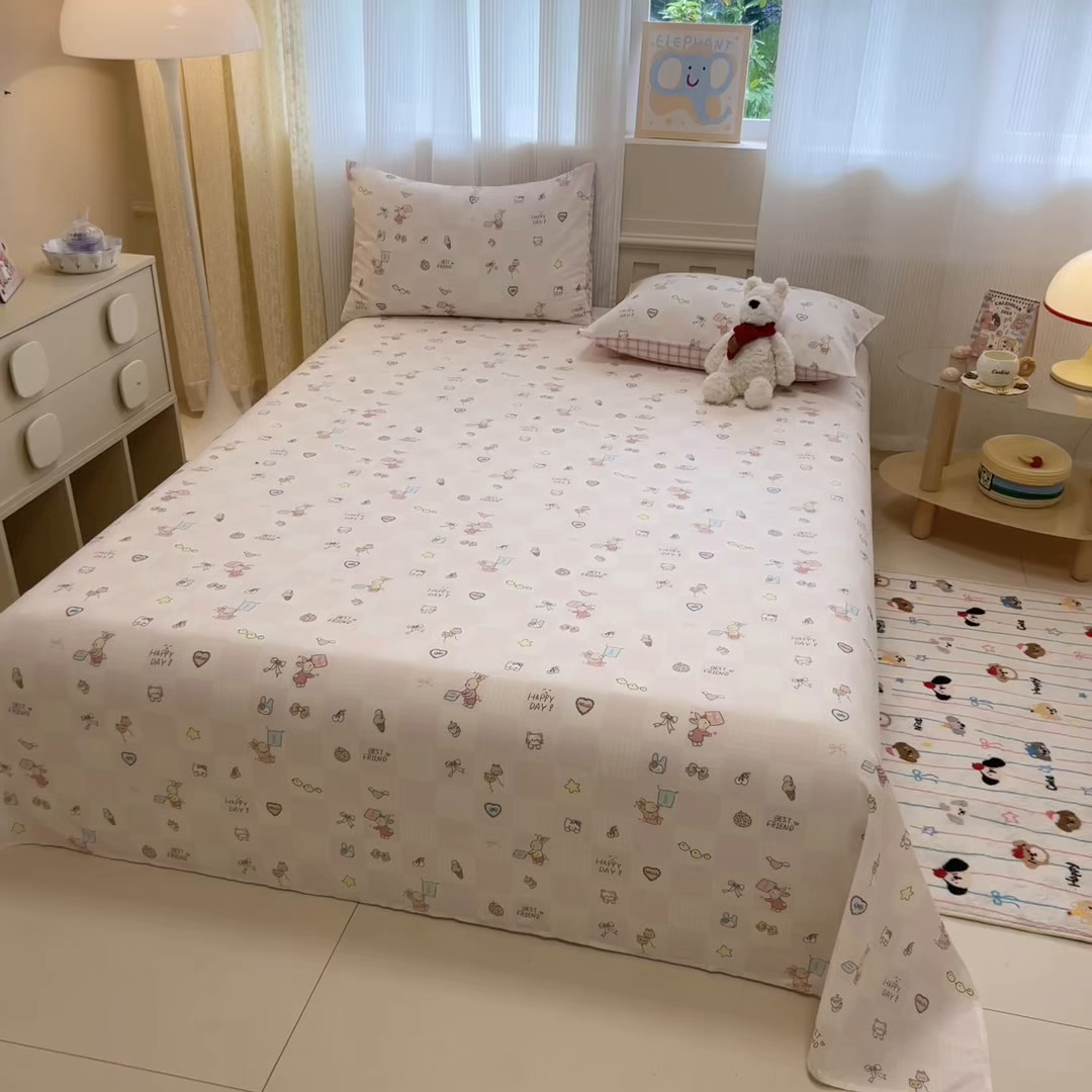 91家纺网 家纺一手货源 找家纺 呗旺鹿 2025新款40s全棉纯棉卡通印花学生系列单品床单 床单单件 兔子假期