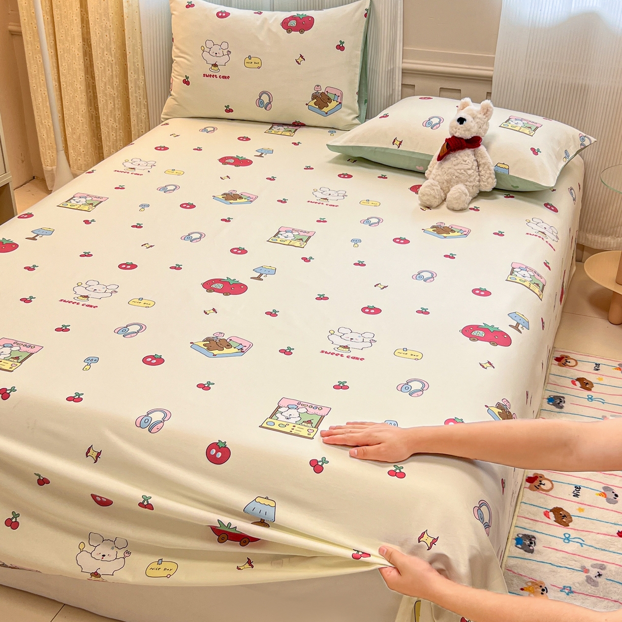 91家纺网 家纺一手货源 找家纺 呗旺鹿 2025新款40s全棉纯棉卡通印花学生系列单品床单 床单单件 熊熊酱