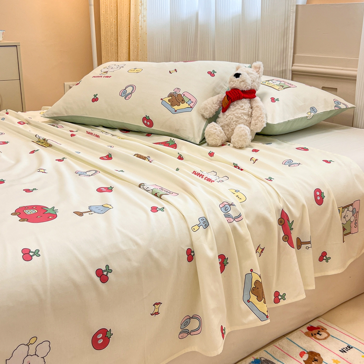 91家纺网 家纺一手货源 找家纺 呗旺鹿 2025新款40s全棉纯棉卡通印花学生系列单品床单 床单单件 熊熊酱