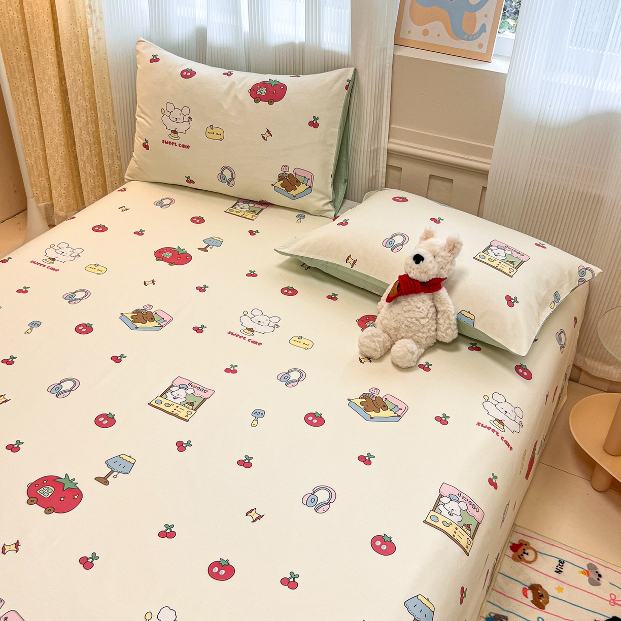 91家纺网 家纺一手货源 找家纺 呗旺鹿 2025新款40s全棉纯棉卡通印花学生系列单品床单 床单单件 熊熊酱