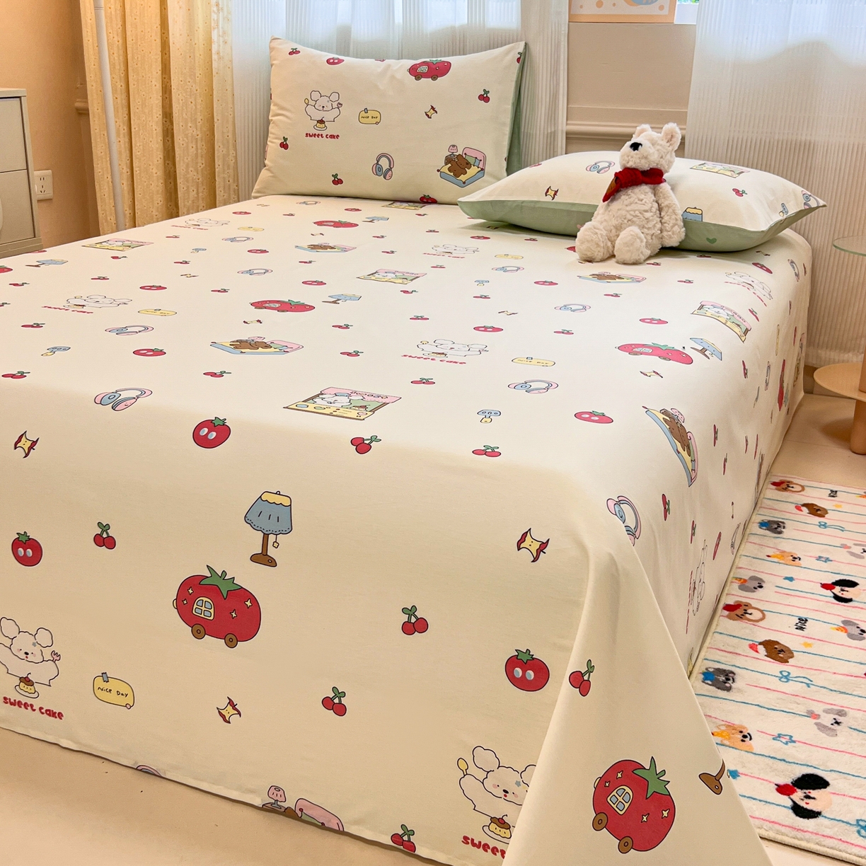 91家纺网 家纺一手货源 找家纺 呗旺鹿 2025新款40s全棉纯棉卡通印花学生系列单品床单 床单单件 熊熊酱