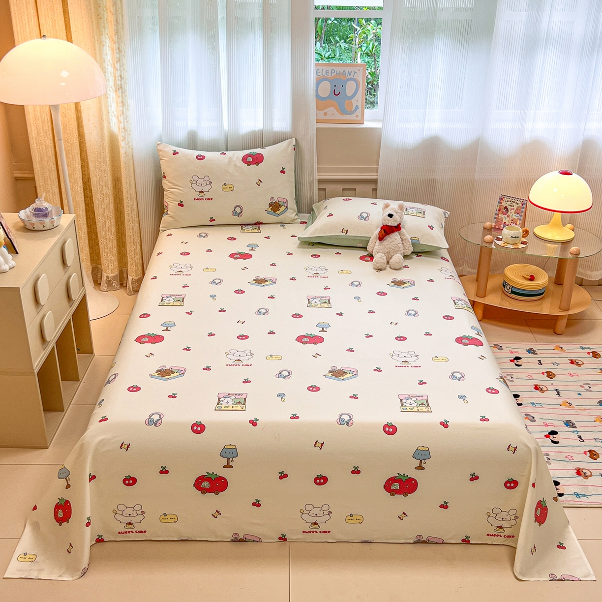 91家纺网 家纺一手货源 找家纺 呗旺鹿 2025新款40s全棉纯棉卡通印花学生系列单品床单 床单单件 熊熊酱