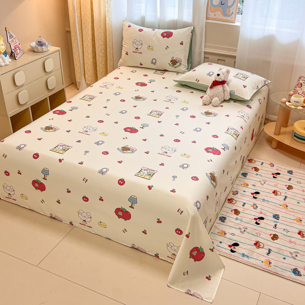 91家纺网 家纺一手货源 找家纺 呗旺鹿 2025新款40s全棉纯棉卡通印花学生系列单品床单 床单单件 熊熊酱