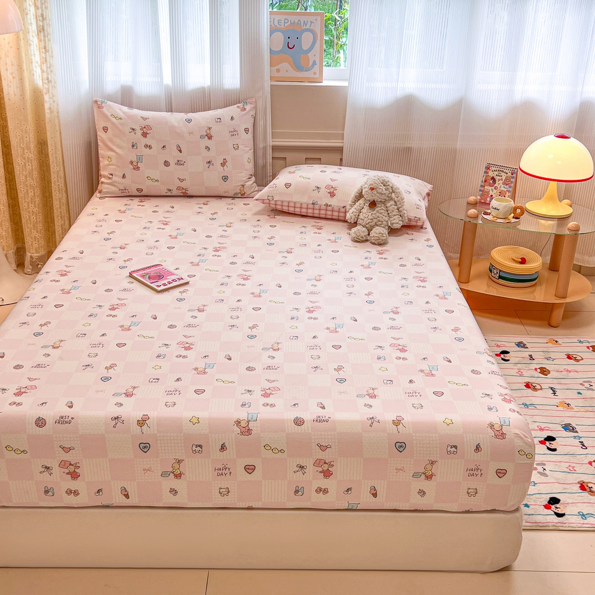 91家纺网 家纺一手货源 找家纺 呗旺鹿 2025新款40s全棉纯棉卡通印花学生系列单品床笠 床笠单件 兔子假期