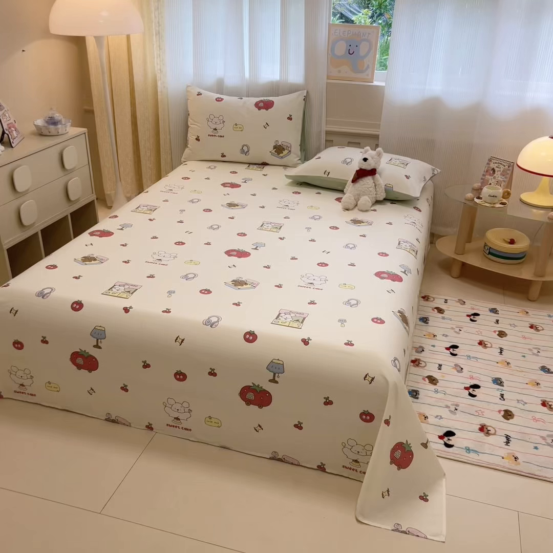 91家纺网 家纺一手货源 找家纺 呗旺鹿 2025新款40s全棉纯棉卡通印花学生系列单品床单 床单单件 熊熊酱