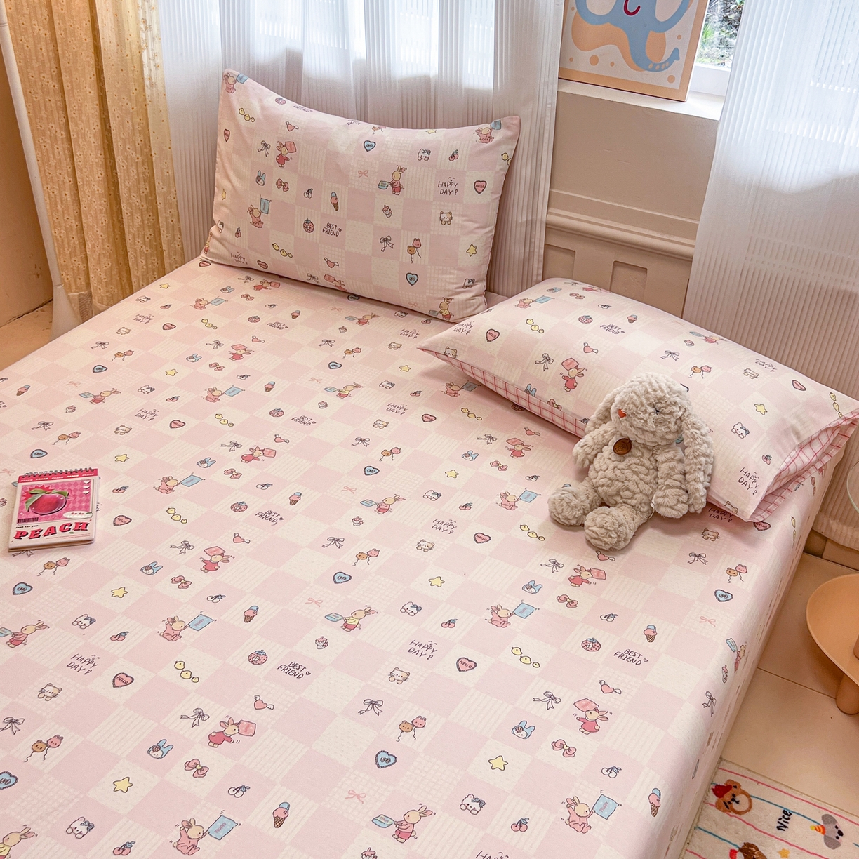 91家纺网 家纺一手货源 找家纺 呗旺鹿 2025新款40s全棉纯棉卡通印花学生系列单品床笠 床笠单件 兔子假期