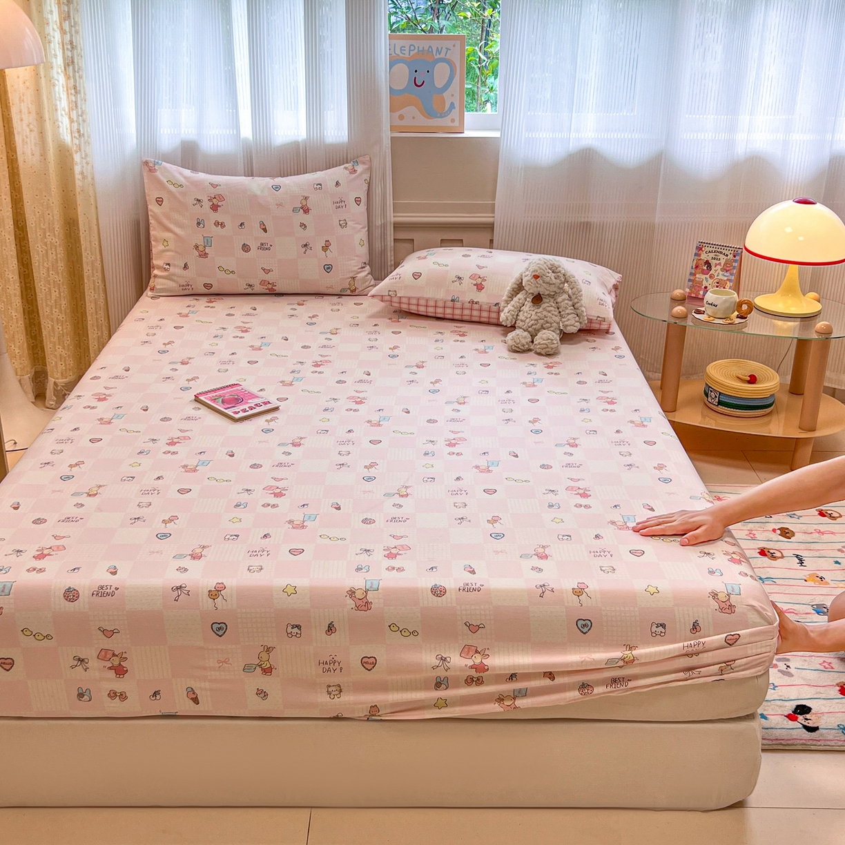 91家纺网 家纺一手货源 找家纺 呗旺鹿 2025新款40s全棉纯棉卡通印花学生系列单品床笠 床笠单件 兔子假期