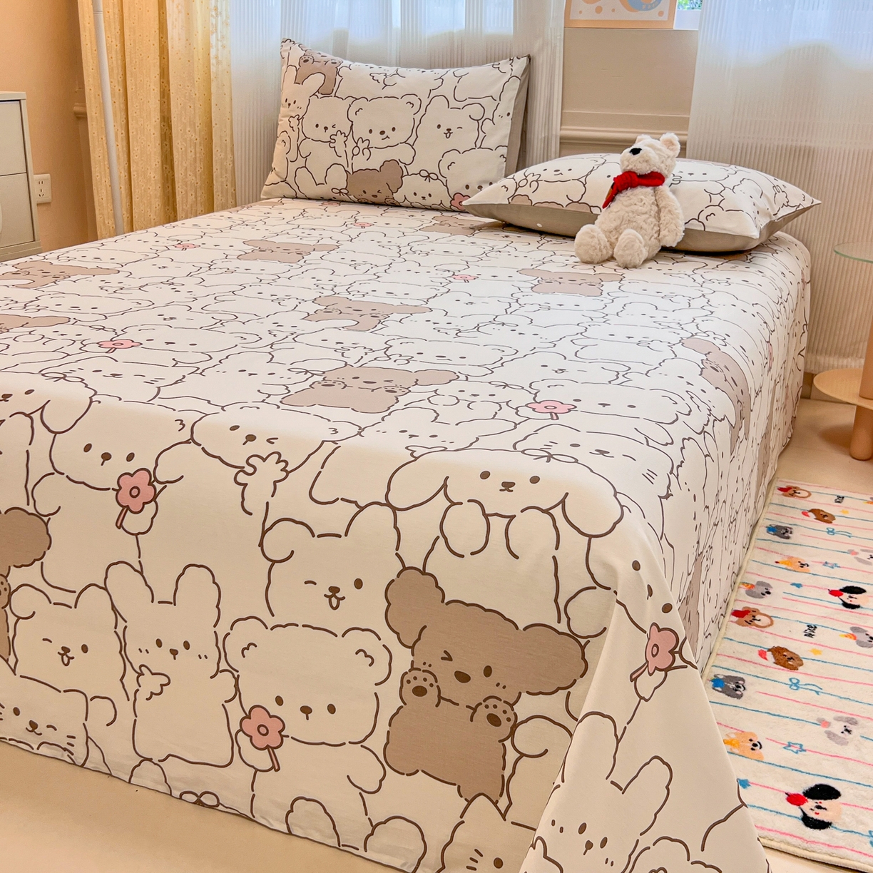 91家纺网 家纺一手货源 找家纺 呗旺鹿 2025新款40s全棉纯棉卡通印花学生系列单品床单 床单单件 耶耶熊