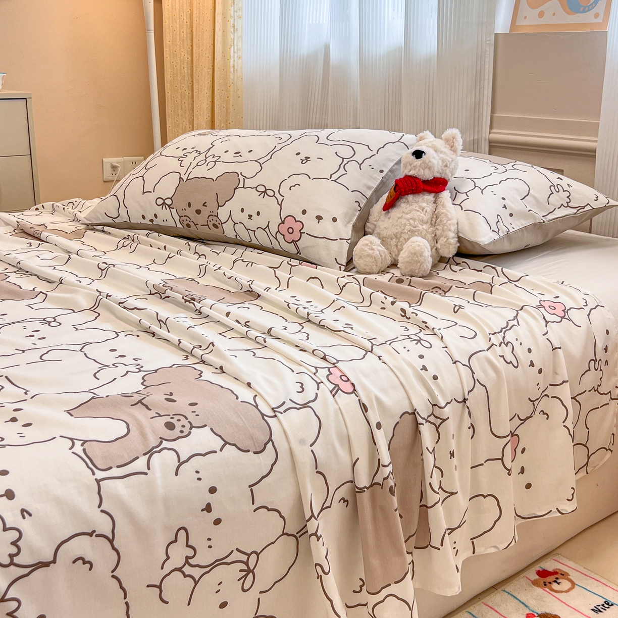 91家纺网 家纺一手货源 找家纺 呗旺鹿 2025新款40s全棉纯棉卡通印花学生系列单品床单 床单单件 耶耶熊