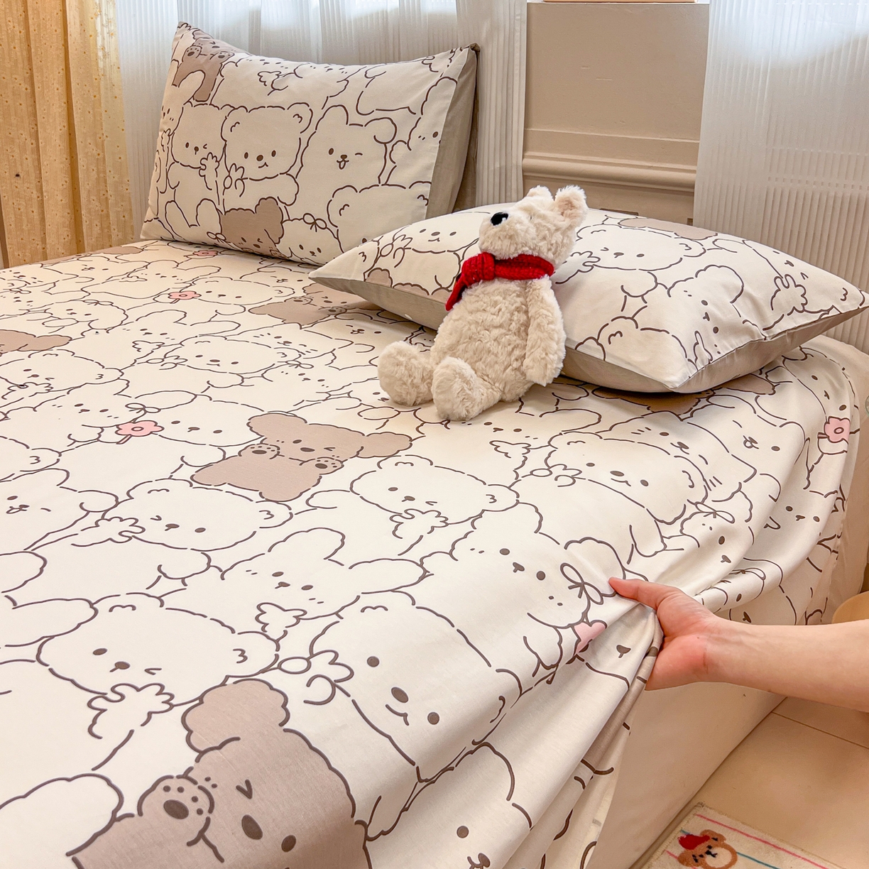 91家纺网 家纺一手货源 找家纺 呗旺鹿 2025新款40s全棉纯棉卡通印花学生系列单品床单 床单单件 耶耶熊