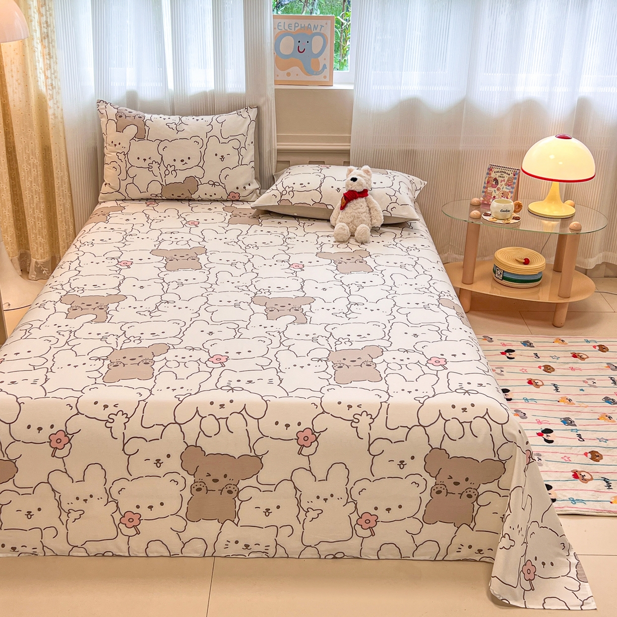 91家纺网 家纺一手货源 找家纺 呗旺鹿 2025新款40s全棉纯棉卡通印花学生系列单品床单 床单单件 耶耶熊