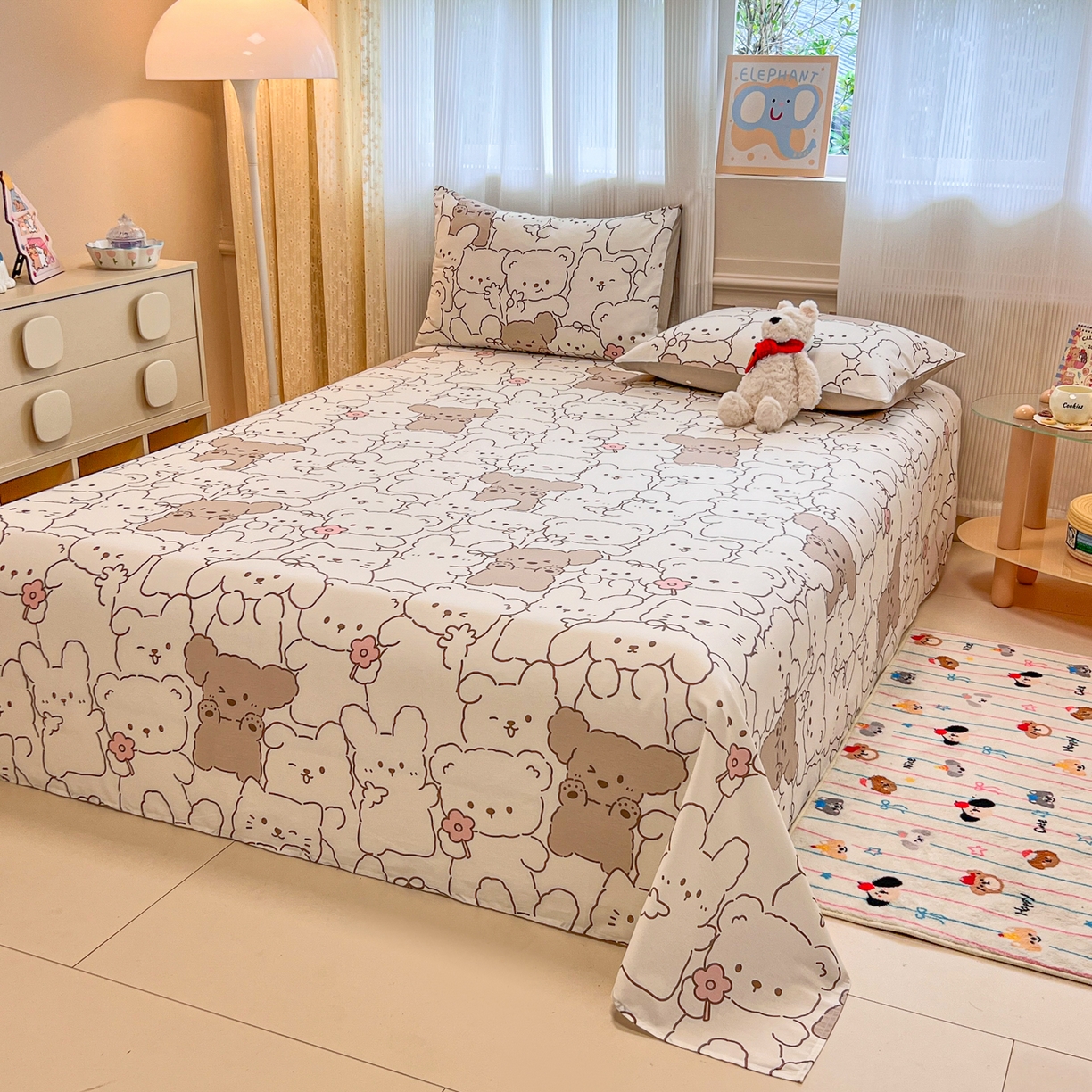 91家纺网 家纺一手货源 找家纺 呗旺鹿 2025新款40s全棉纯棉卡通印花学生系列单品床单 床单单件 耶耶熊