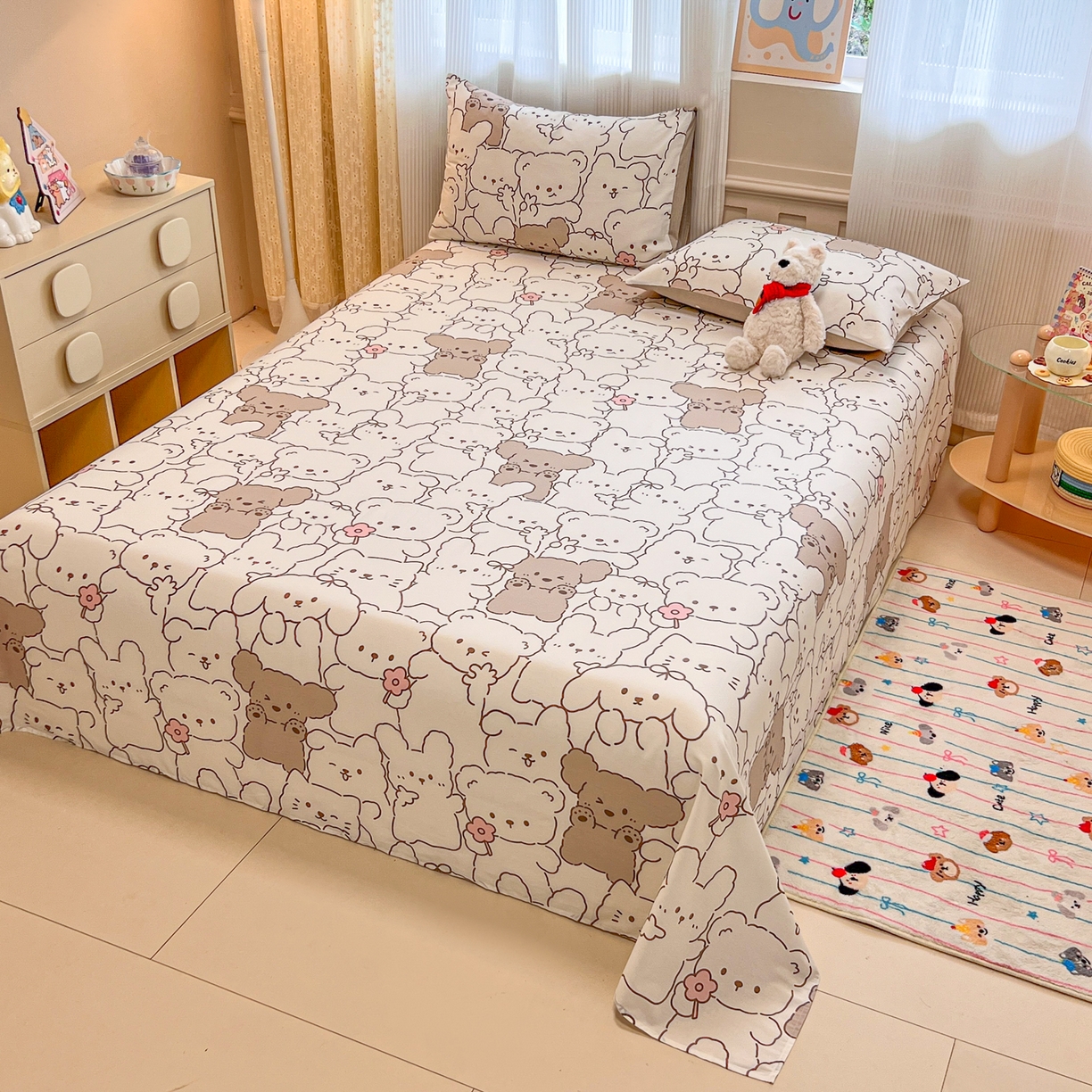 91家纺网 家纺一手货源 找家纺 呗旺鹿 2025新款40s全棉纯棉卡通印花学生系列单品床单 床单单件 耶耶熊