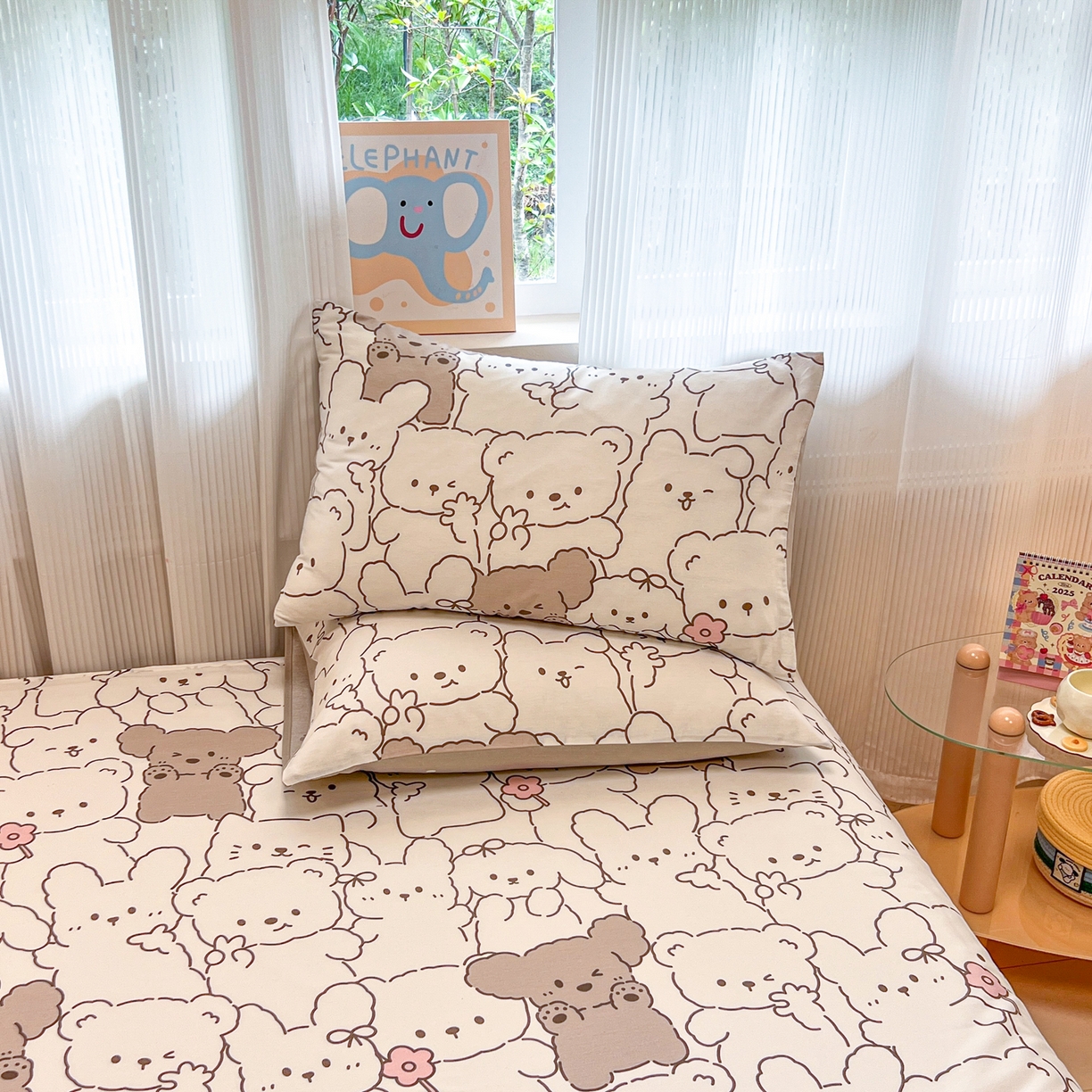 91家纺网 家纺一手货源 找家纺 呗旺鹿 2025新款40s全棉纯棉卡通印花学生系列单品床单 床单单件 耶耶熊