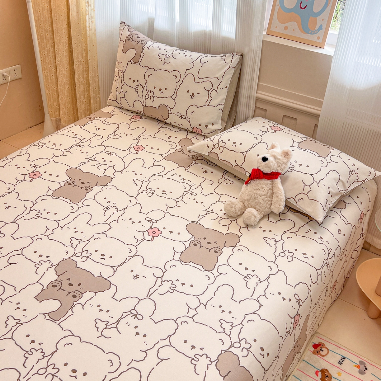 91家纺网 家纺一手货源 找家纺 呗旺鹿 2025新款40s全棉纯棉卡通印花学生系列单品床单 床单单件 耶耶熊