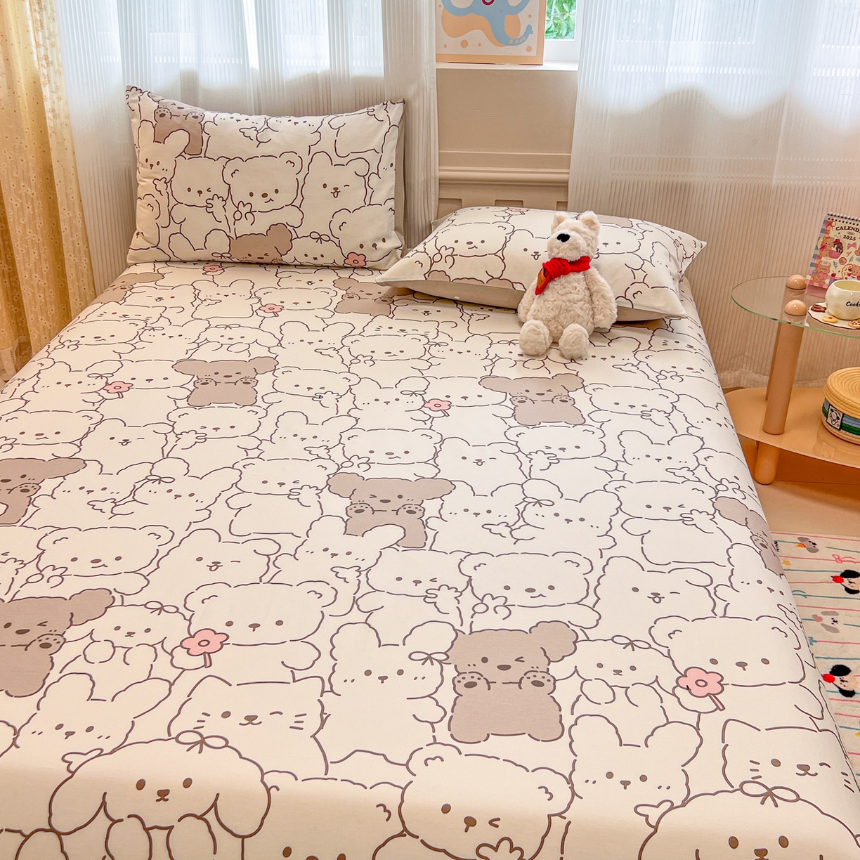 91家纺网 家纺一手货源 找家纺 呗旺鹿 2025新款40s全棉纯棉卡通印花学生系列单品床单 床单单件 耶耶熊