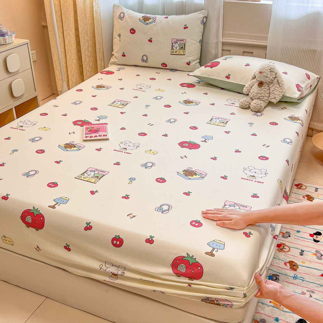91家纺网 家纺一手货源 找家纺 呗旺鹿 2025新款40s全棉纯棉卡通印花学生系列单品床笠 床笠单件 熊熊酱