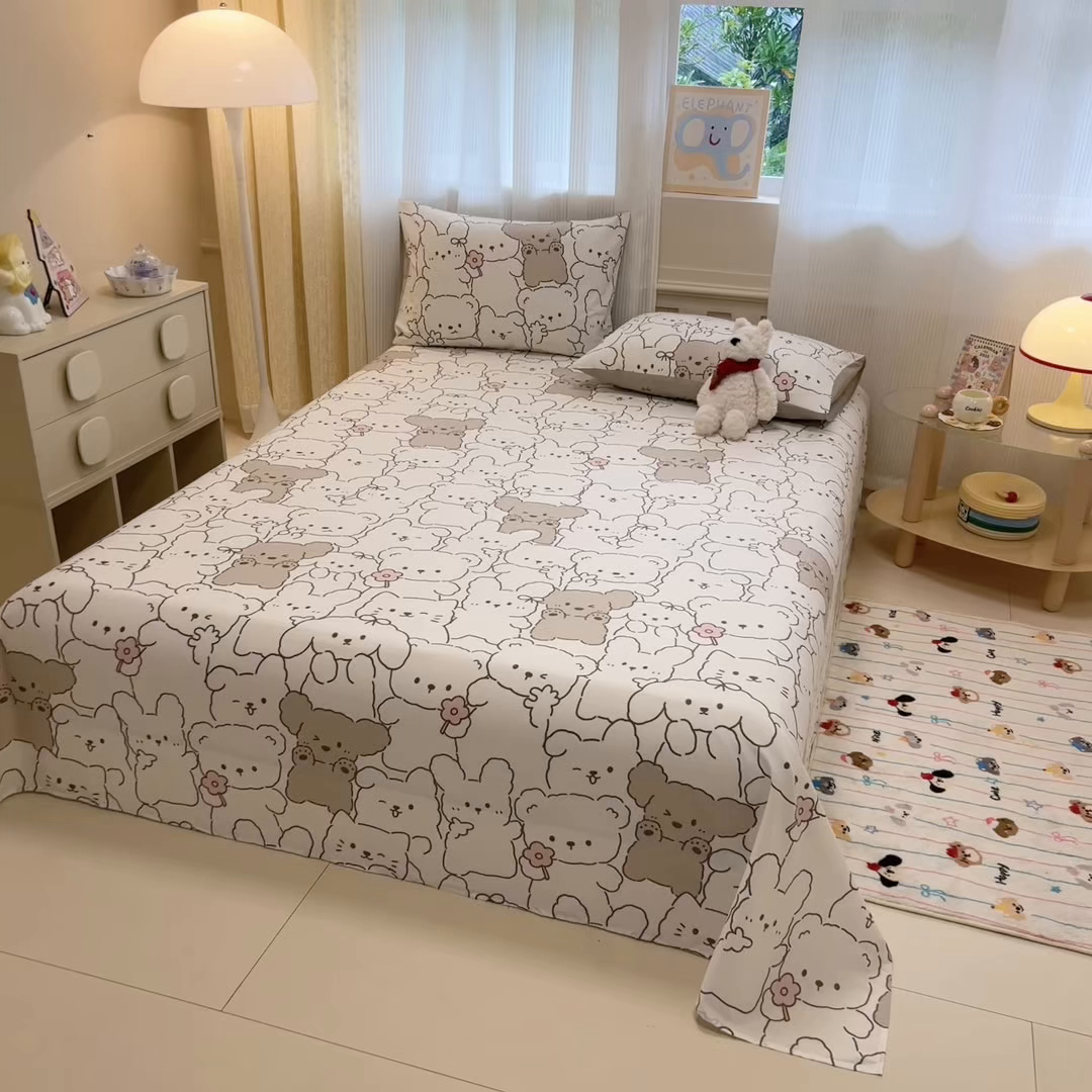 91家纺网 家纺一手货源 找家纺 呗旺鹿 2025新款40s全棉纯棉卡通印花学生系列单品床单 床单单件 耶耶熊