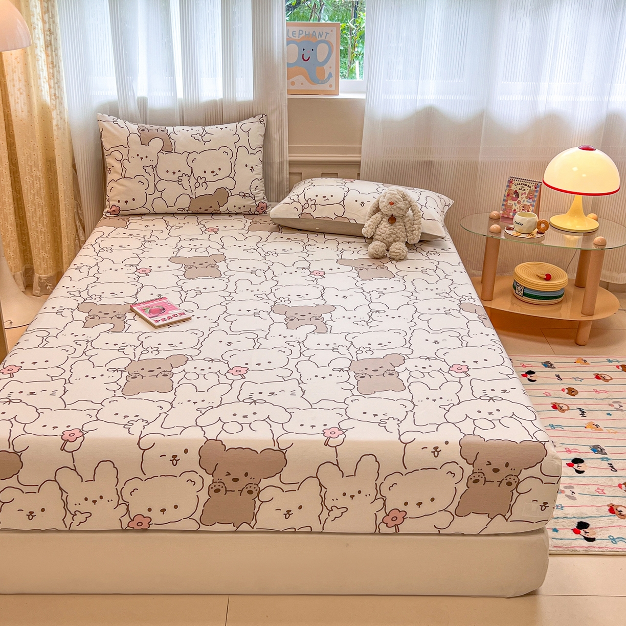 91家纺网 家纺一手货源 找家纺 呗旺鹿 2025新款40s全棉纯棉卡通印花学生系列单品床笠 床笠单件 耶耶熊