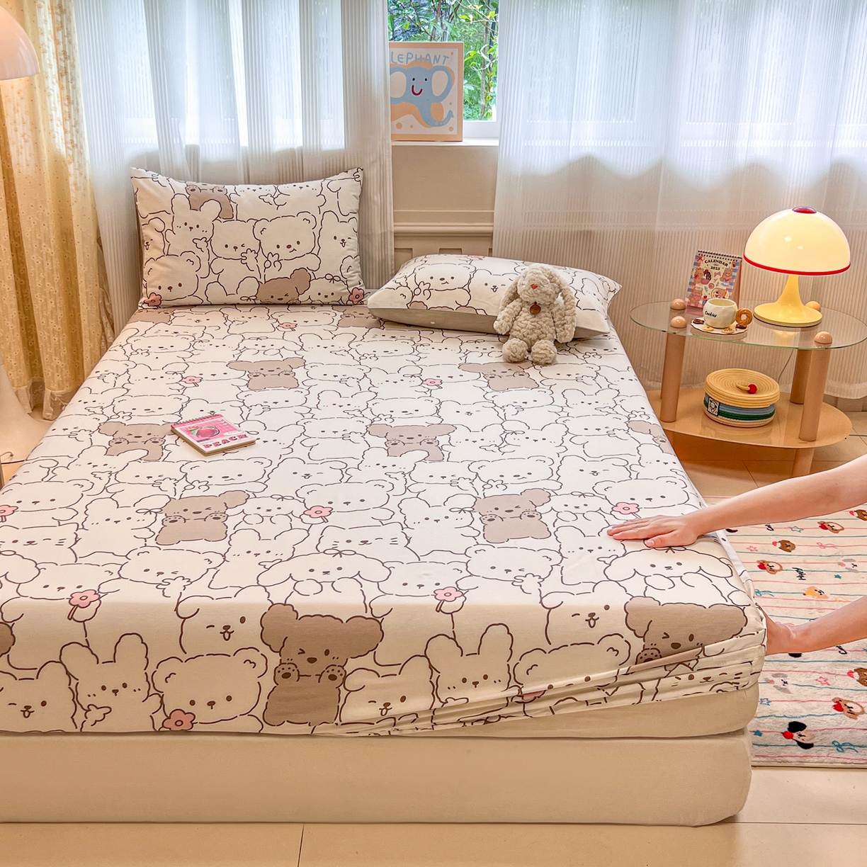91家纺网 家纺一手货源 找家纺 呗旺鹿 2025新款40s全棉纯棉卡通印花学生系列单品床笠 床笠单件 耶耶熊