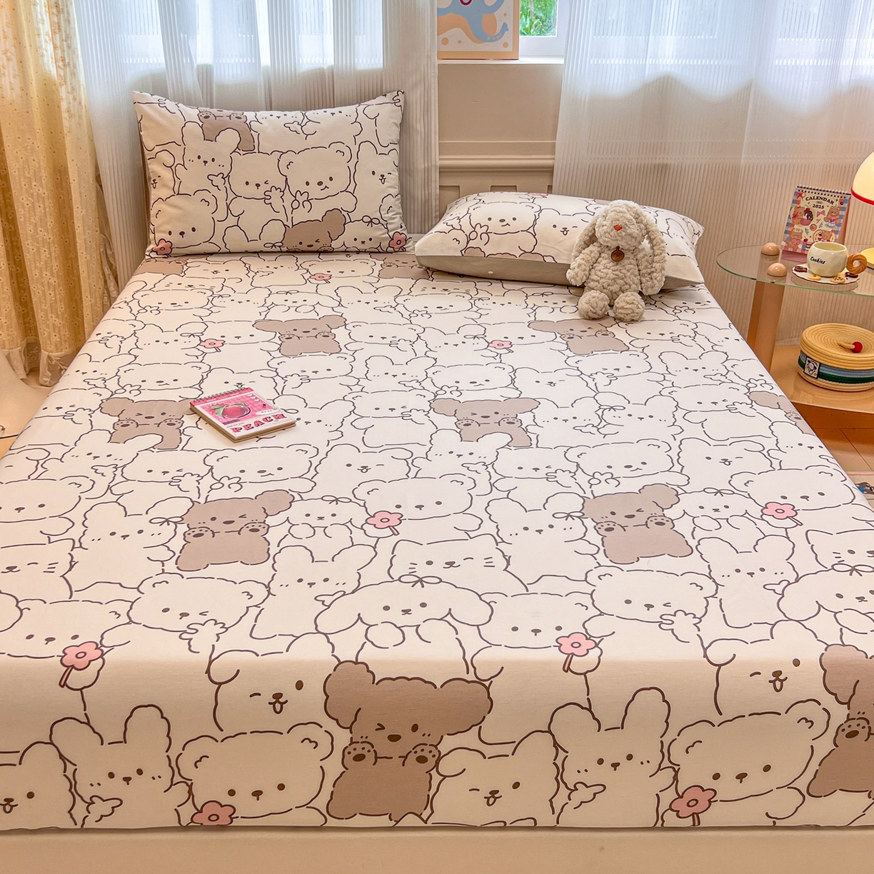 91家纺网 家纺一手货源 找家纺 呗旺鹿 2025新款40s全棉纯棉卡通印花学生系列单品床笠 床笠单件 耶耶熊