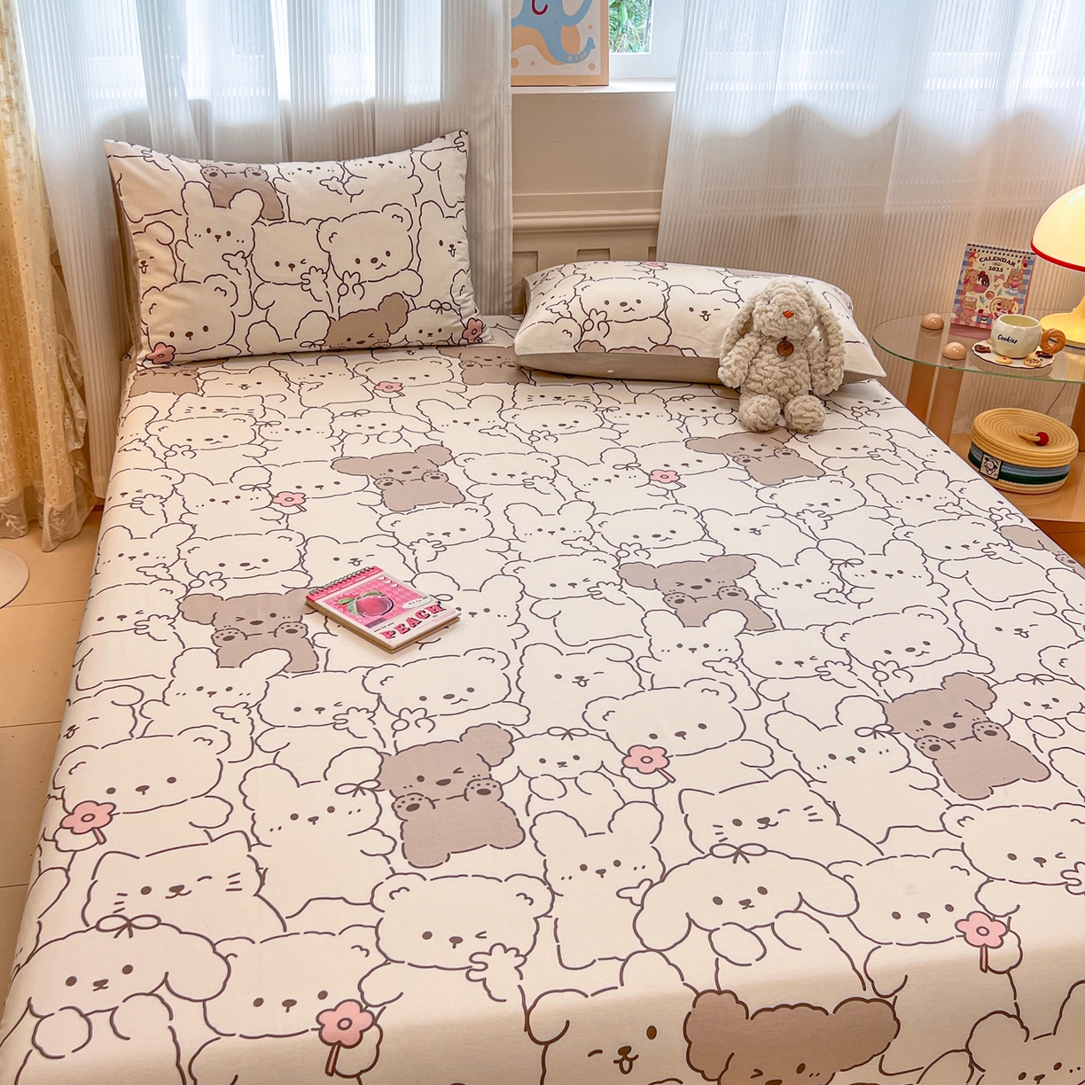 91家纺网 家纺一手货源 找家纺 呗旺鹿 2025新款40s全棉纯棉卡通印花学生系列单品床笠 床笠单件 耶耶熊