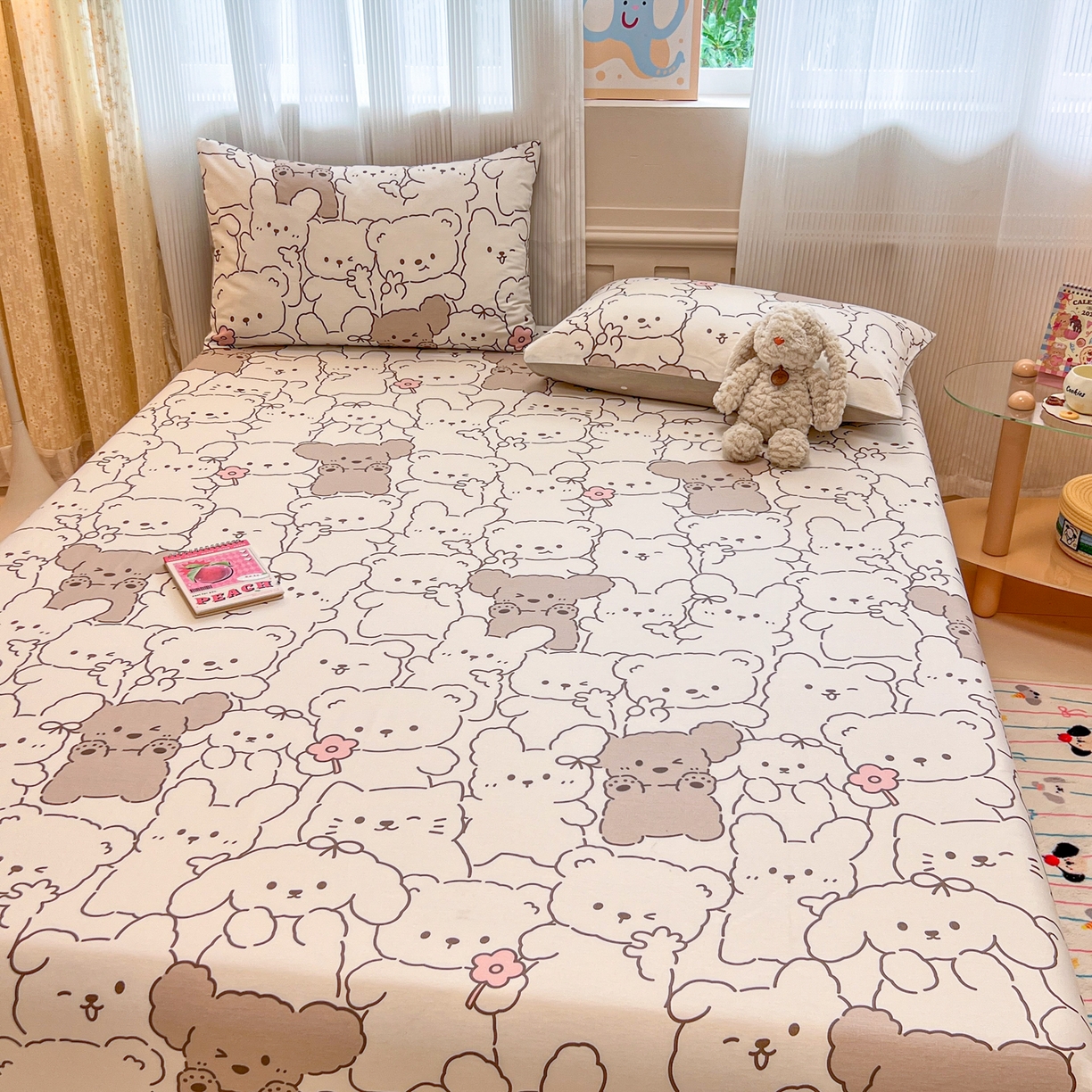 91家纺网 家纺一手货源 找家纺 呗旺鹿 2025新款40s全棉纯棉卡通印花学生系列单品床笠 床笠单件 耶耶熊