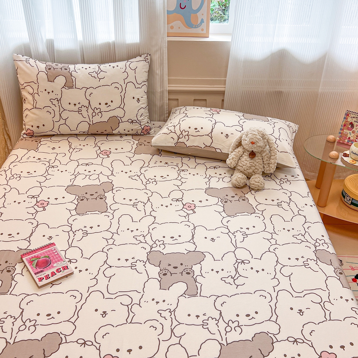 91家纺网 家纺一手货源 找家纺 呗旺鹿 2025新款40s全棉纯棉卡通印花学生系列单品床笠 床笠单件 耶耶熊