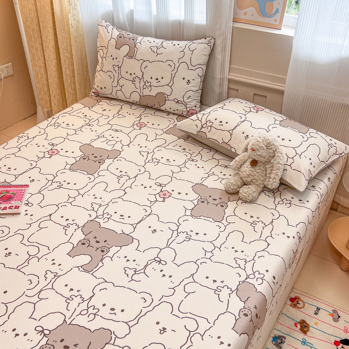 91家纺网 家纺一手货源 找家纺 呗旺鹿 2025新款40s全棉纯棉卡通印花学生系列单品床笠 床笠单件 耶耶熊