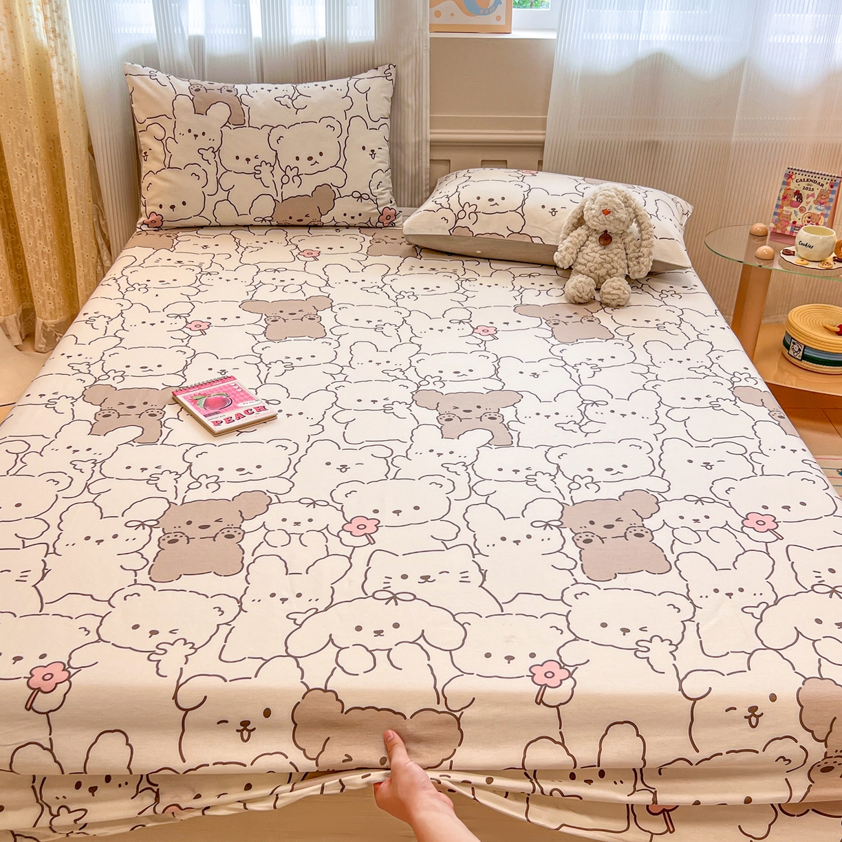 91家纺网 家纺一手货源 找家纺 呗旺鹿 2025新款40s全棉纯棉卡通印花学生系列单品床笠 床笠单件 耶耶熊