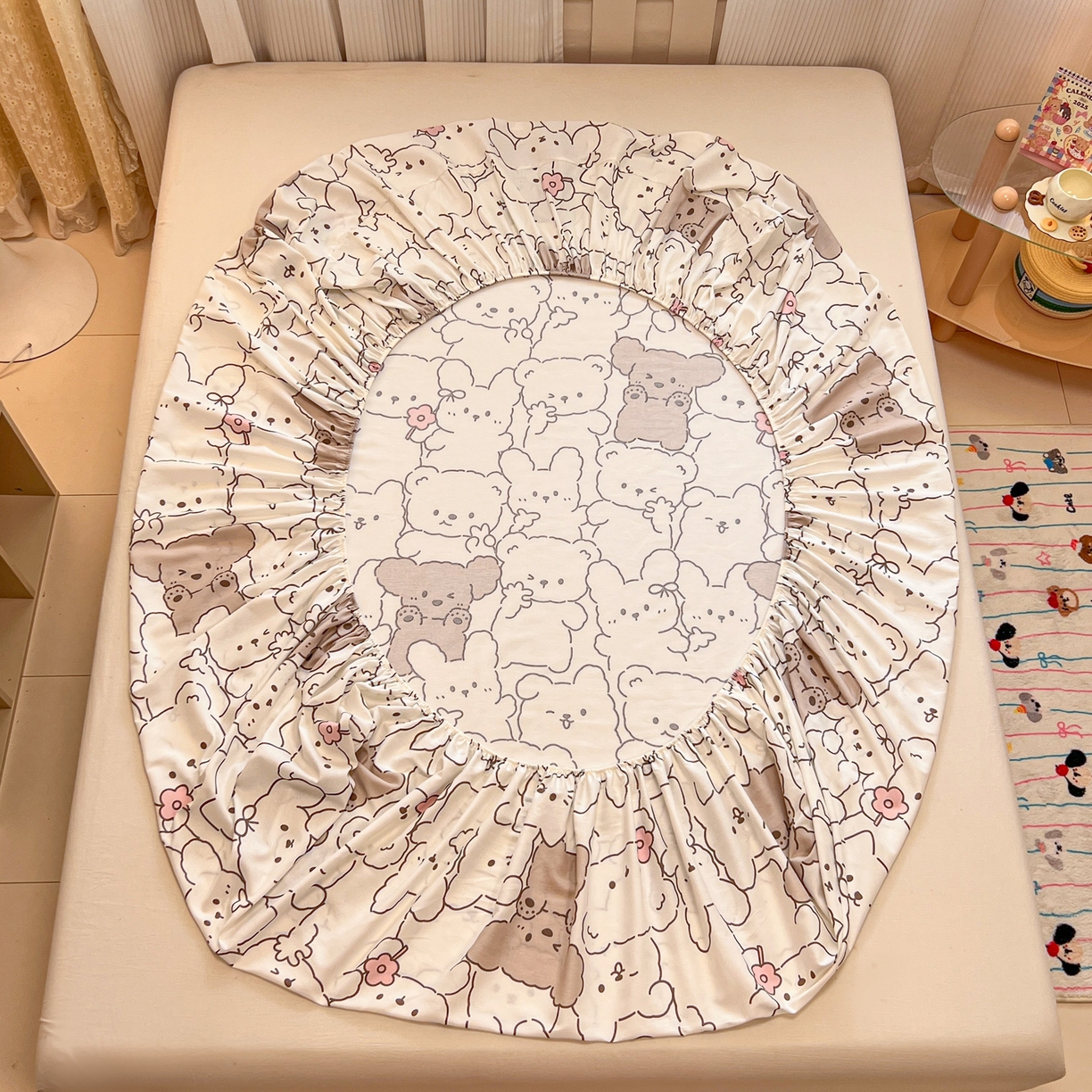 91家纺网 家纺一手货源 找家纺 呗旺鹿 2025新款40s全棉纯棉卡通印花学生系列单品床笠 床笠单件 耶耶熊