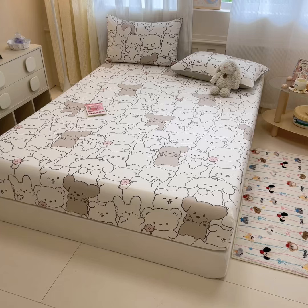 91家纺网 家纺一手货源 找家纺 呗旺鹿 2025新款40s全棉纯棉卡通印花学生系列单品床笠 床笠单件 耶耶熊