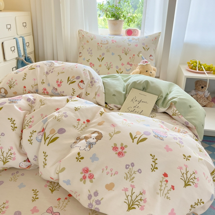 91家纺网 家纺一手货源 找家纺 寻米 2025新款全棉印花学生季学生三件套 花园小狗