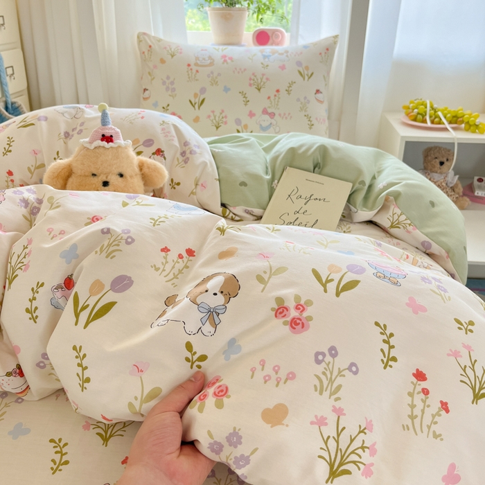 91家纺网 家纺一手货源 找家纺 寻米 2025新款全棉印花学生季学生三件套 花园小狗