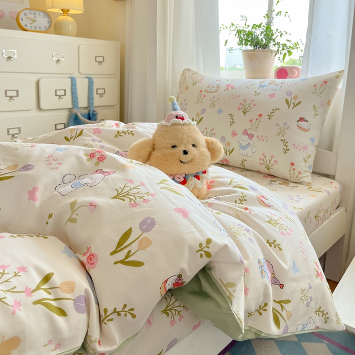 91家纺网 家纺一手货源 找家纺 寻米 2025新款全棉印花学生季学生三件套 花园小狗